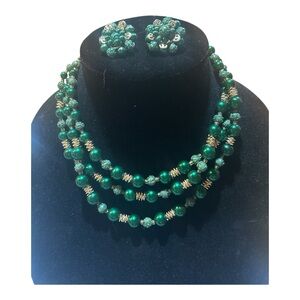 Vintage Green and Gold Beaded Necklace and Earring Set